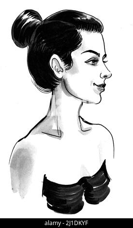 Beautiful brunette woman. Dessin noir et blanc Encre Banque D'Images