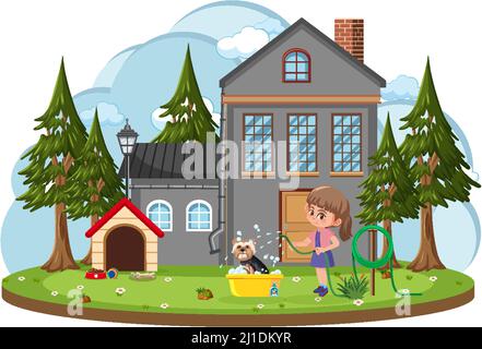 Fille lavant son chien devant l'illustration de dessin animé maison Illustration de Vecteur