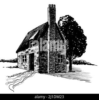 Maison en pierre et arbre. Dessin noir et blanc Banque D'Images