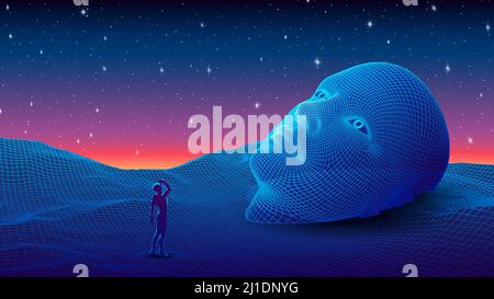 Scène spectaculaire de science-fiction ou ésotérique avec un homme qui regarde près de la tête de la statue géante. Concept spirituel Synthwave ou vaporwave dans le style 80s Illustration de Vecteur