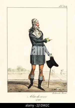 Jeune homme à la mode ou incroyable, Directoire Era, 1796. En manteau croisé, col montant, gilet, culottes, bottes de mollet, tenir un chapeau et un gel-cube. Costume d'un jeune, 1796. Lithographie de couleur main par Lorenzo Bianchi et Domenico Cuciniello d'après Hippolyte Lecomte de Costuci civili e militari della monarchia francese dal 1200 al 1820, Naples, 1825. Édition italienne des costumes civils et militaires de Lecomte de la monarchie française de 1200 à 1820. Banque D'Images