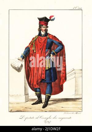 Costume de cérémonie d'un député du Conseil de cinq cents, 1797. Formé en 1795 pendant la Direction. En chapeau avec plume tricolore, cape écarlate, purée tricolore, manteau bleu et boyau, bottes longueur mollet. Depute au Conseil des cinq cents. Lithographie de couleur main par Lorenzo Bianchi et Domenico Cuciniello d'après Hippolyte Lecomte de Costuci civili e militari della monarchia francese dal 1200 al 1820, Naples, 1825. Édition italienne des costumes civils et militaires de Lecomte de la monarchie française de 1200 à 1820. Banque D'Images