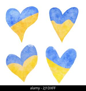 Formes de coeur dessinées à la main avec coeur ukrainien d'Ukraine dans les couleurs bleu jaune du drapeau UA, concept pour le soutien de la charité, arrêter la conception de guerre. Priez pour l'Ukraine imprimer aquarelle éléments de fond autocollants clipart Banque D'Images