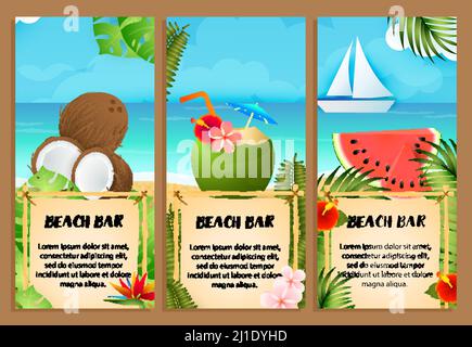 Beach Bar avec lettrage, pastèque et cocktail de noix de coco. Tourisme, été, design publicitaire de fête. Texte tapé, calligraphie. Pour dépliants, brochures Illustration de Vecteur