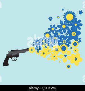 Un pistolet qui tourne des fleurs colorées dans les couleurs d'un drapeau ukrainien. Une image symbolique pour mettre fin à la violence de guerre Illustration de Vecteur