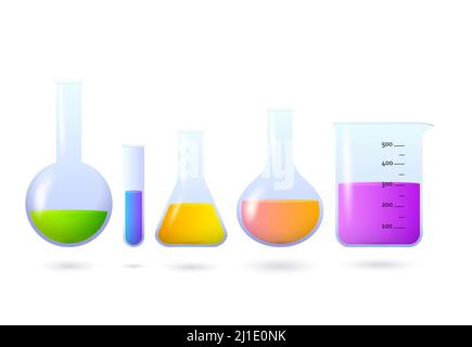 Béchers et flacons avec kit de produits chimiques. Expérience, laboratoire, test médical. Concept de chimie. L'illustration vectorielle peut être utilisée pour des sujets comme la science Illustration de Vecteur