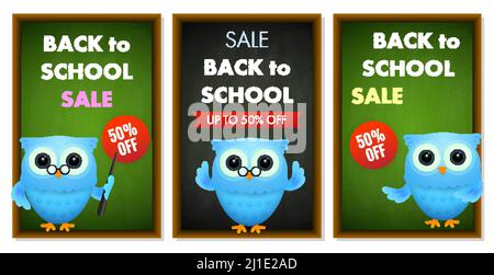 Mise en place des affiches de solde de la rentrée des classes. Cartes promotionnelles avec hibou, tableau noir et autocollants de réduction de cinquante pour cent. L'illustration vectorielle peut être utilisée pour les bannières, Illustration de Vecteur