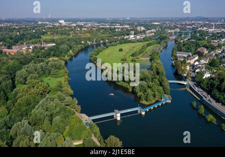 09.09.2021, Allemagne, Rhénanie-du-Nord-Westphalie, Muelheim an der Ruhr - Saarn-Mendener Ruhraue, région verte de la Ruhr à Muelheim an der Ruhr. Devant le weir Banque D'Images
