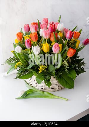 Bouquet de tulipes multicolores frais dans un panier. Cadeau pour la Saint-Valentin ou la fête des femmes. Concept joyeux anniversaire romantique. Arrière-plan clair. Banque D'Images