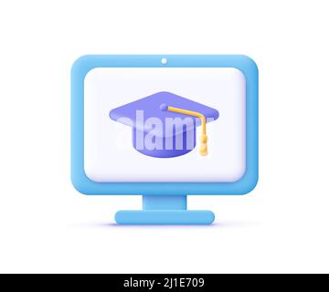 Écran d'ordinateur et capuchon de graduation. Formation en ligne, apprentissage en ligne, formation en ligne, ateliers et cours. 3d icône de vecteur. Bande dessinée minimale Illustration de Vecteur