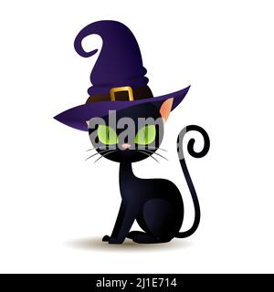 Chat noir dans chapeau de sorcière. Chaton effrayant avec de grands yeux verts dans le port de tête de génie. Peut être utilisé pour des sujets comme animal, Halloween, magie Illustration de Vecteur