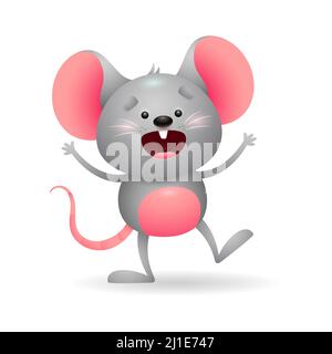 Jolly Gray souris dans l'excitation. Un adorable personnage criant et agitant. Peut être utilisé pour des sujets comme animal, rongeur, dessin animé Illustration de Vecteur