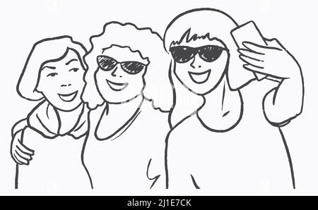 Esquisse Groupe de trois amis femmes prenant un selfie . Illustration du vecteur Doodle Illustration de Vecteur