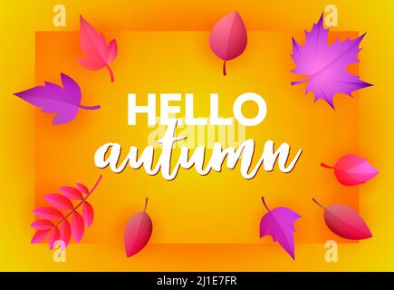 Motif carte de vœux jaune Hello Autumn. Texte manuscrit sur carte avec feuilles d'automne pourpres et roses. L'illustration vectorielle peut être utilisée pour les bannières, broc Illustration de Vecteur