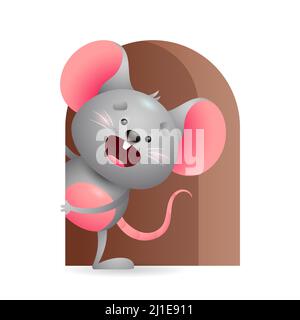 Souris grise gaie qui sort du trou. Symbole de l'année, animal, rat. Concept de la nouvelle année. Une illustration vectorielle réaliste peut être utilisée pour les cartes de vœux Illustration de Vecteur