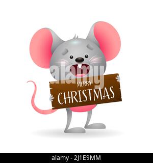 Souris mignonne drôle souhaitant Joyeux Noël. Bois interdit, souhait, message. Concept de Noël. Une illustration vectorielle réaliste peut être utilisée pour la carte de vœux Illustration de Vecteur