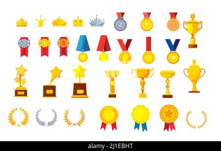 Jeu d'illustrations vectorielles trophées et récompenses. Collection Golden médailles, tasses, couronnes, couronnes de Laurier et prix design ELEMENTS. Vecteur plat isolé Illustration de Vecteur
