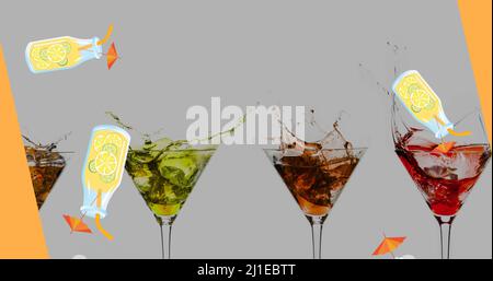 Image numérique composite des bouteilles de liqueur tombant au-dessus des verres de martini avec des cocktails éclaboussant Banque D'Images