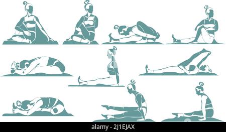 Ensemble de jeune femme athlétique mince faisant du yoga et de la forme physique. Un mode de vie sain. Collection de silhouettes femelles démontrant différentes positions de yoga est Banque D'Images