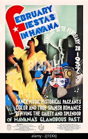 Affiche de voyage vintage - artiste anonyme - FÊTES DE FÉVRIER À LA HAVANE, Cuba. Litographe, 1937. Banque D'Images