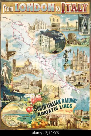 Affiche de voyage vintage - artiste anonyme - DE LONDRES À L'ITALIE - South Italian Railway Adriatic Lines Banque D'Images