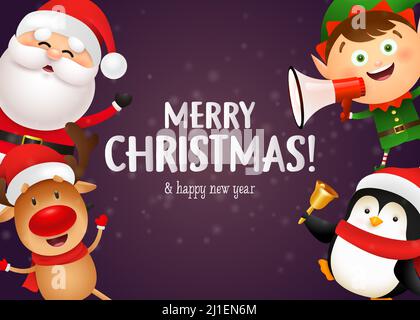 Carte postale de Noël avec un joli renne, pingouin, orf et Père Noël tenant un mégaphone et une cloche sur fond violet. Illustration vectorielle pour la nouvelle année Illustration de Vecteur