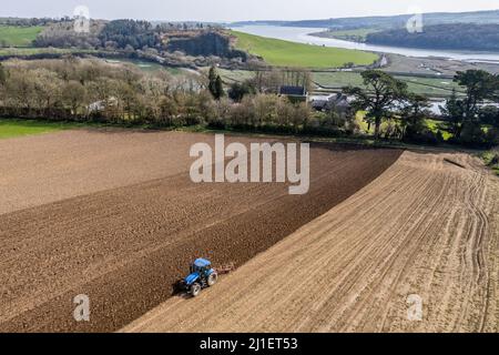 Timoleague, West Cork, Irlande. 25th mars 2022. L'agriculteur Denis Flynn prépare le terrain pour semer l'orge lors d'une journée chaude à Timoleague. La journée sera principalement ensoleillée avec des sommets de 14-17C. Crédit : AG News/Alay Live News Banque D'Images