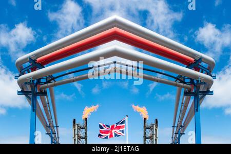 Drapeau britannique sous gazoduc. Crise énergétique, Russie conflit en Ukraine, guerre au Royaume-Uni, approvisionnement en gaz en Europe, crise du coût de la vie, gaz russe. Banque D'Images