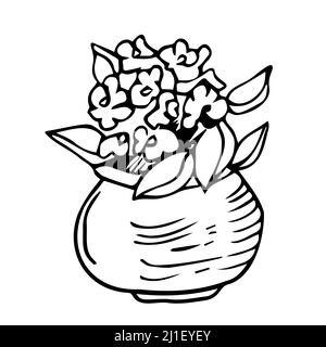 Fleurs en pots peintes ligne noire sur fond blanc. Lignes de dessin vectorielles Illustration de Vecteur