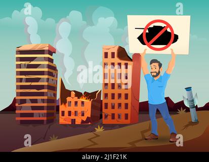 Enregistrez l'illustration vectorielle monde. Homme avec bannière de réservoir croisé se tenir seul dans la rue de ville après la guerre ou la catastrophe naturelle. Illustration de Vecteur