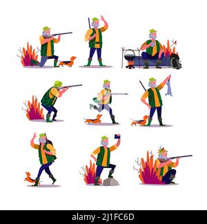 Chasse avec ensemble pour chien. Chasseur, tir à la riffe, combat au fusil, cuisiner au feu à l'extérieur, prendre le selfie. Concept de personnes. Illustration vectorielle pour les rubriques Illustration de Vecteur