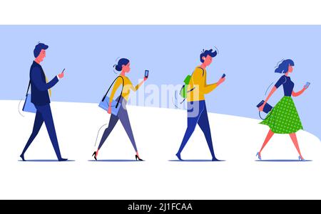 Groupe de personnes marchant sur leur smartphone. Des personnages de dessin animé masculins et féminins vont travailler et envoyer des SMS. Illustration vectorielle pour bannière, carte postale, Illustration de Vecteur