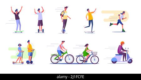 Activités de plein air. Le cyclisme, le skateboard, le patinage à roulettes. Concept de personnes. Illustration vectorielle pour des sujets tels que l'activité, les loisirs, le mouvement Illustration de Vecteur