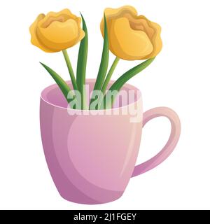Fleurs jaunes avec feuille verte dans une tasse rose. Motif fleuri romantique. Décoration élégante. Saison de printemps. Illustration de fête à motif vectoriel plat isolé. Illustration de Vecteur