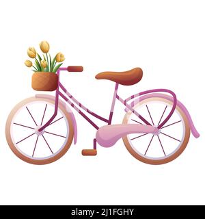 Illustration de dessin animé vintage avec vélo rose avec panier de fleurs. Motif fleuri rétro et romantique. Illustration dessinée à la main de style dessin animé vectoriel. Illustration de Vecteur
