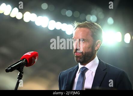 Photo du dossier en date du 08-09-2021 du directeur de l'Angleterre Gareth Southgate, qui dit qu'il ne voit pas l'avantage de boycotter la coupe du monde en raison des questions de droits de l'homme. Date de publication : vendredi 25 mars 2022. Banque D'Images