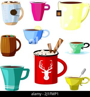 Ensemble de boissons chaudes. Collection de tasses pour diverses boissons. Peut être utilisé pour des sujets comme la nourriture, le café, le dessert Illustration de Vecteur