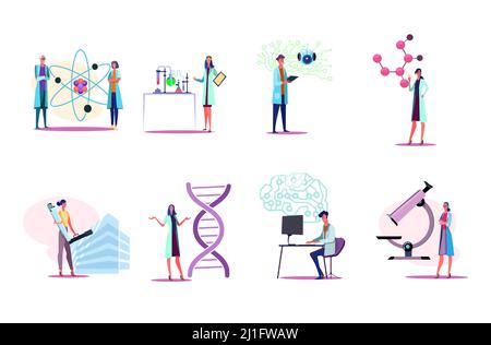 Hommes et femmes en manteaux blancs travaillant dans un set de laboratoire. Faire de la recherche, se tenir à proximité du modèle de molécule, du microscope, de la carte de circuit imprimé. Concept de la science. Vecteur illu Illustration de Vecteur