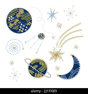 Planète, étoiles, comètes en séquelles et broderie isolées. Illustration de Vecteur