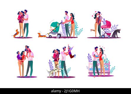 Ensemble familial heureux. Couple avec enfants marchant, appréciant le temps ensemble. Illustrations vectorielles plates. Famille, amour, concept de style de vie pour bannière, site web des Illustration de Vecteur