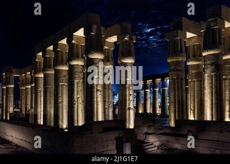 Colonnes papyrus de la salle Hypostyle à la Cour d'Amenhotep III la nuit, Temple de Louxor, Egypte Banque D'Images