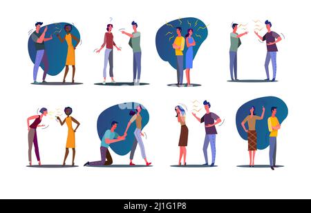 Jeu de relations de conflit. Couple et amis se disputent et crient les uns les autres. Illustrations vectorielles plates. Communication, stress, concept de conflit Illustration de Vecteur