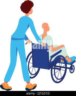 Caractères vectoriels de couleur semi-plats pour les infirmières et les patients cancéreux Illustration de Vecteur