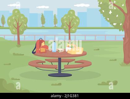 Table de pique-nique avec panier et sac à dos plat illustration vectorielle de couleur Illustration de Vecteur
