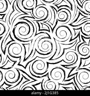 Motif vectoriel sans couture des spirales noires et des coins sur un fond blanc .Résumé motif monochrome sans couture des lignes et spirales brisées. Illustration de Vecteur