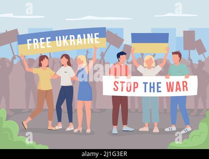 La guerre en Ukraine proteste contre l'illustration de vecteur couleur plat Illustration de Vecteur