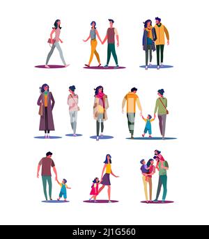 Les gens marchent. Hommes, femmes, couples, parents avec enfants marchant. Illustrations vectorielles plates. Déménagement, personnes hors concept pour bannière, site desi Illustration de Vecteur