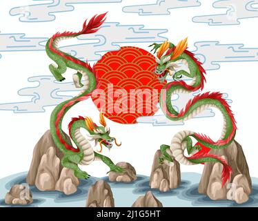 Dragons et montagnes isolées. Imprimé oriental tendance. Illustration de Vecteur