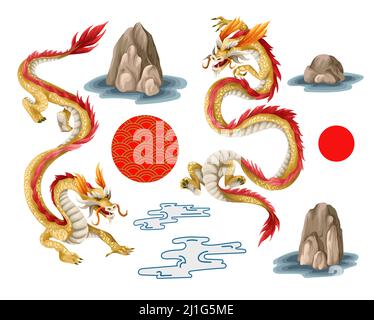 Dragons et montagnes isolées. Imprimé oriental tendance. Illustration de Vecteur