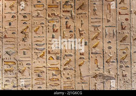 Hiéroglyphes colorés peints dans le tombeau de Ramsès IV, KV2, dans la vallée des Rois Banque D'Images